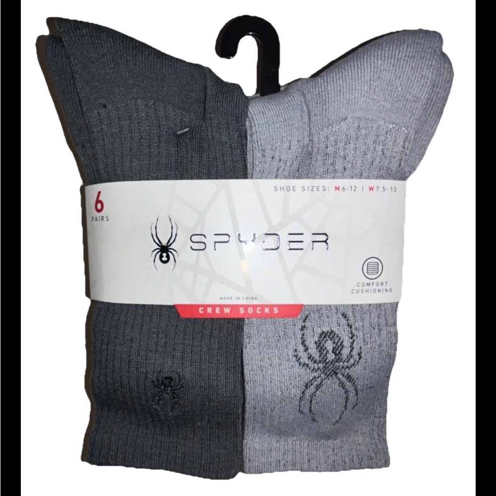 Spyder Crew Socks 6 Pair Men's 6-12 Gray White w Black Mixed Logos Ski NEW! $36